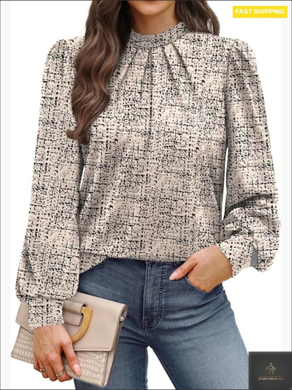 Mock Neck Blouse with Pleated Front Puffed Sleeves Elegant Business Casual Top